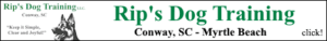 Myrtle Beach dog trainers by Rip's Dog Training in Conway, SC trains puppies, adult dogs, obedience training, off leash training, doggy swimming lessons. 